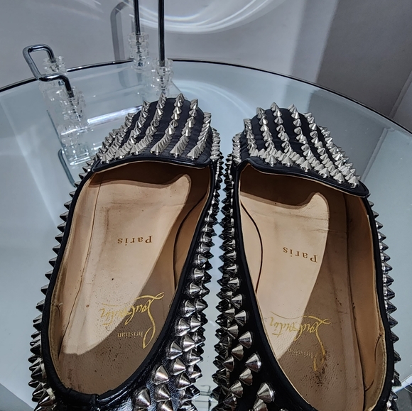 Christian Louboutin Black Silver Studded Spik Loafers Flats Size 35 - Picture 6 of 8